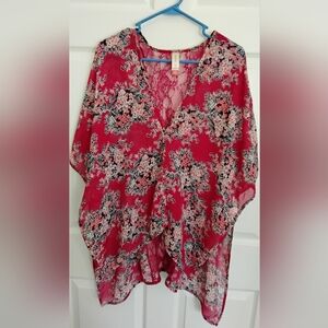 No Boundaries Wine Floral Women's Sheer Cover Up Or Poncho Top